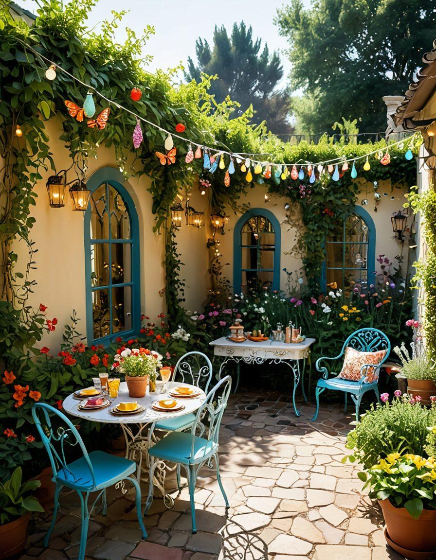 A whimsical scene depicting a sunlit courtyard filled with vibrant flowers, playful children discovering hidden treasures like colorful butterflies and sparkling stones, surrounded by vintage furniture and twinkling fairy lights. Capture the joy and wonder of everyday moments. playful illustration. vibrant colors. dreamy atmosphere.