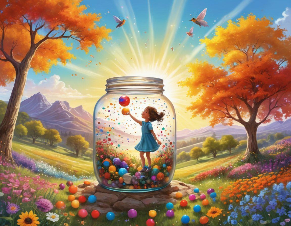 A whimsical scene depicting a person joyfully filling a large, empty jar marked 'Life's Voids' with colorful, bouncing balls labeled with cheerful words like 'Laughter', 'Adventure', and 'Love'. The background features a vibrant landscape with flowers and sunshine, symbolizing happiness and positivity, while whimsical creatures cheer on the activity. The overall vibe is playful and uplifting. vibrant colors. cartoon style.