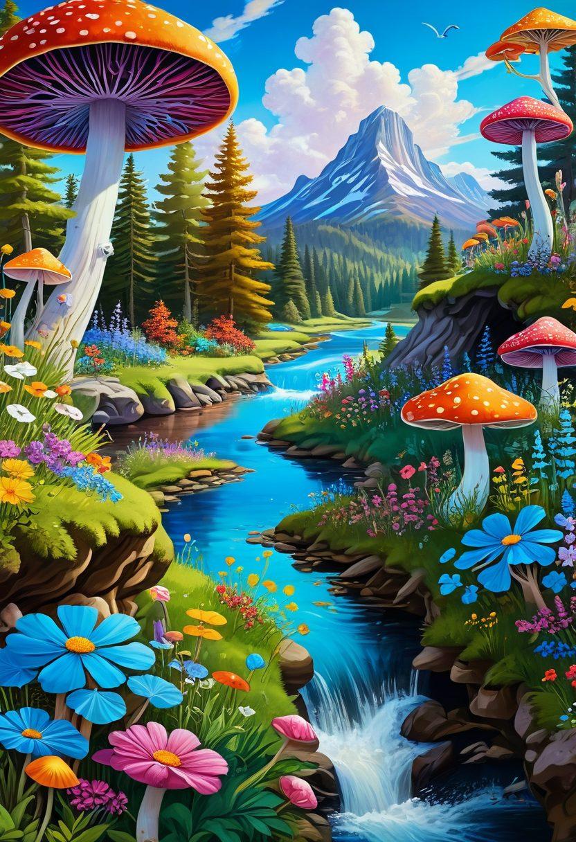 A vibrant, whimsical landscape filled with colorful flowers, oversized mushrooms, and playful creatures dancing in harmony. A cheerful river flows gently through the scene, reflecting a bright blue sky dotted with fluffy clouds. Incorporate elements like a rainbow and whimsical trees that evoke joy and playfulness. Include paths that lead to magical places, inviting curiosity and exploration. super-realistic. vibrant colors. fantasy art.